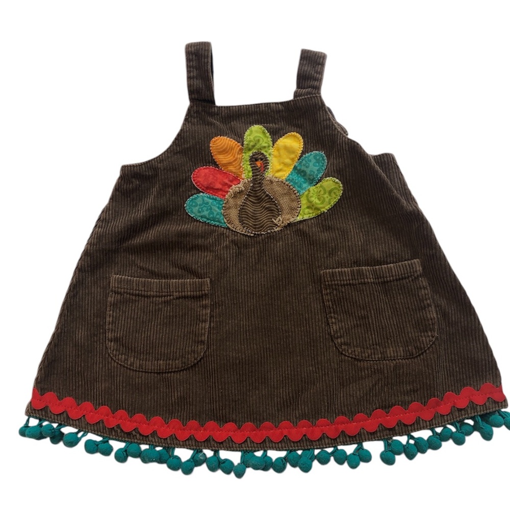 Mud Pie Brown Corduroy Dress with Colorful Turkey Appliqué